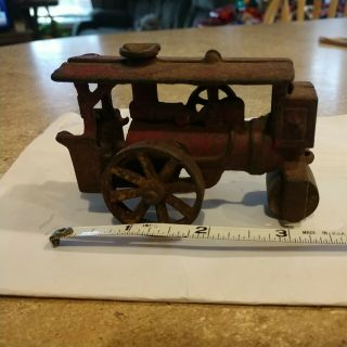 Vintage Cast Iron Red Steam Roller Construction Toy With Wood Roller