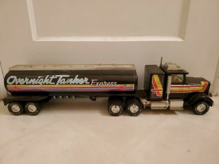 Vintage Nylint Freightliner Black Overnight Tanker Express Semi Truck Trailer