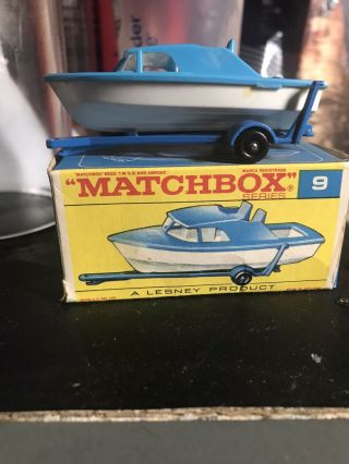 Vintage Lesney Matchbox Blue Boat And Trailer No.  9 White Hull England Parts