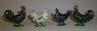 Four Cherilea Vintage Lead Farm Chickens,  Cocks And Hens - 1940/50 