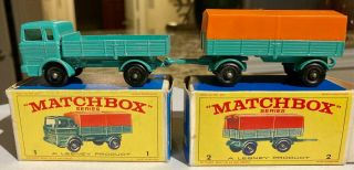 Vintage Lesney Matchbox 1 & 2 Mercedes Truck And Trailer With Boxes