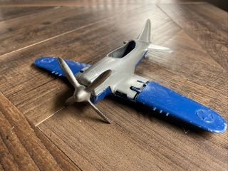 Vtg Hubley Kiddie Toy Blue Us Navy Fighter Plane Metal Folding Wings Needs Work