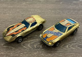 Hot Wheels Datsun Z Whiz 1976 & Corvette Stingray 1975 Gold 1/64 Scale Vintage