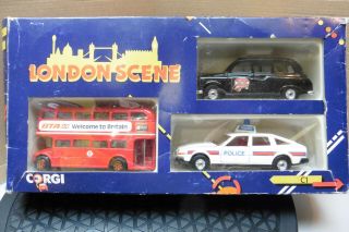 Vintage Corgi 1/36 London Scene Set Boxed Rover Police Car,  Bus & Taxi 1995