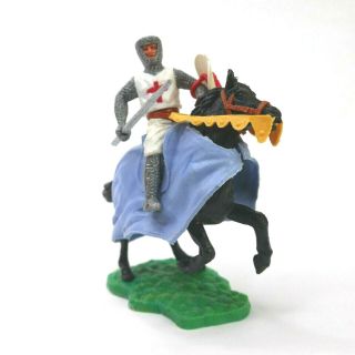 Timpo Toys Medieval Crusader Knight Mounted Long Spear Black Horse Blue Blanket