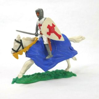 Timpo Toys Medieval Crusader Knight Mounted Long Spear White Horse Blue Bright