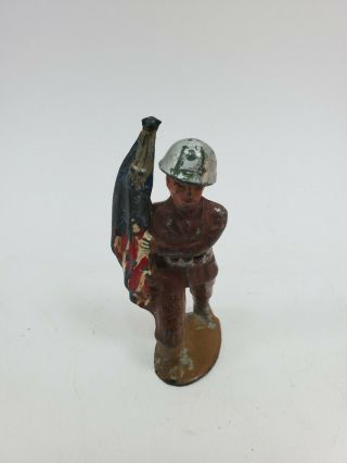 Antique Cast Iron Toy Soldier With Us Flag Grey Iron Vintage Usa H5