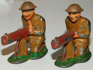 Old Barclay 1930s Dimestore Soldiers,  2 Kneeling Machine Gunners,  Tin Hats,  B9