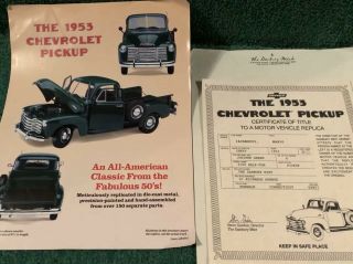 Danbury 1953 Chevrolet Pickup Brochure,  Cert.  Of Title And More.