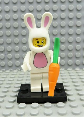 Lego Minifigure Bunny Suit Guy W/ Carrot & Stand Rabbit Costume