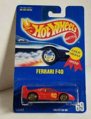 Hot Wheels 1992 Gold Medal Speed Blue Card 69 Ferrari F40 Red W/ Gold Ultra Hots