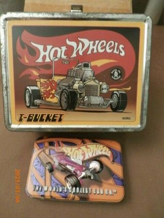 Hot Wheels T - Bucket Lunch Box & H W 2 Deck Of Playing Cards In Collectible Tin