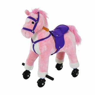 Qaba Kids Plush Rocking Horse Ride - On Baby Girl Toy Pony W/ Realistic Sound Pink