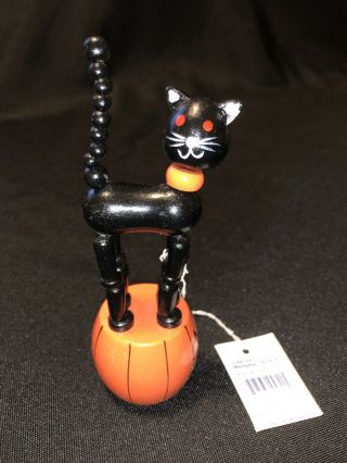 Wood Pumpkin Jack - O - Lantern Cat Push Up Button Puppet Jointed Halloween Figure
