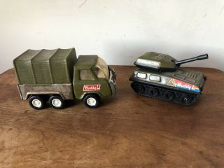 Vintage Buddy L Pressed Steel Green Army Troop Transport Truck And Tank