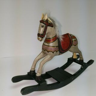 Antique Hand - Carved Wooden Rocking Horse Painted Vintage Pony.  8 Inches Tall