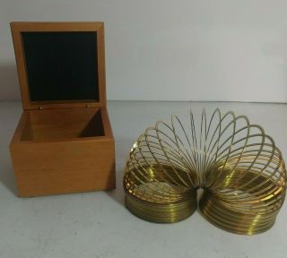 Vintage Brass Slinky In Wood Box Container
