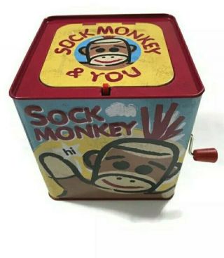 Sock Monkey 2008 Schylling Metal Jack In The Box,  Music Box,  & Functions