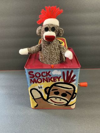 Schylling Sock Monkey Tin Jack In The Box Plays " Pop Goes The Weasel " 2008
