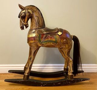 Vintage Rocking Horse Hand Carved - Hand Painted - 30” Tall
