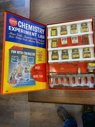 1950 ' S GILBERT CHEMISTRY EXPERIMENT LAB TIN BOX,  Vials,  Instructions. 2
