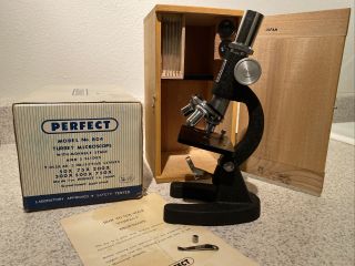 Vintage Perfect Model 804 Japan Microscope With Slides Wood Case