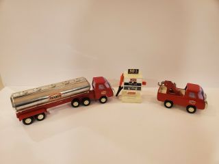 1970 Buddy L Texaco Gas Pump,  Tanker,  Tow Truck From Set,  Plus Bonus Fire Truck