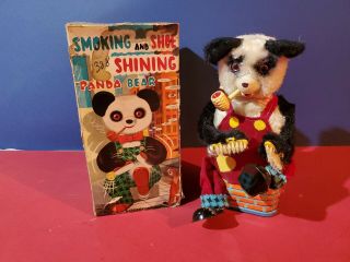 Battery Operated Smoking And Shoe Shining Panda Bear Tin Toy Box