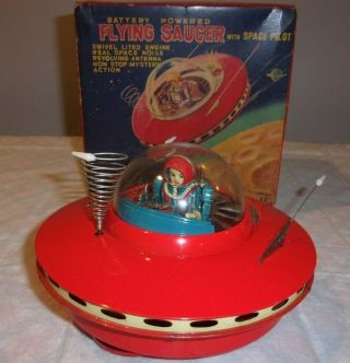 Vintage " Flying Saucer With Space Pilot " Battery Operated Yoshiya Japan