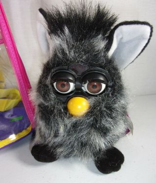 1999 Fully Functional Furby With Tags,  Papers,  And Clear Backpack Black & White