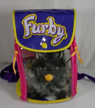 1999 Fully Functional Furby with Tags,  papers,  and clear backpack black & white 2