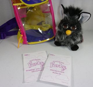 1999 Fully Functional Furby with Tags,  papers,  and clear backpack black & white 3