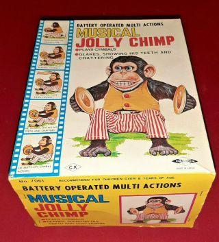 Vintage Daishin Japan Musical Jolly Chimp Toy Monkey & Box Tag Insert