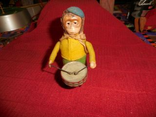 Vintage Schuco Win - Up Toy Monkey Drummer Yellow/green Great 4 1/2 " No Key