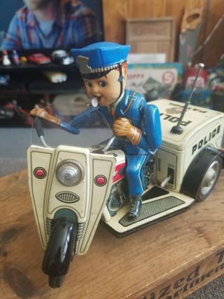 1950s Nomura Police Auto - Tricycle Battery Operated Tin Toy Japan 10in