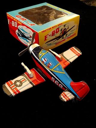Vintage Made In Japan Friction Tin P - 80 Airplane Toy