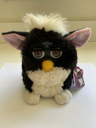 Vintage First Gen.  Furby Black/white Brown Eyes Great,  With Tag And Book
