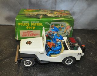 Vintage 50s Nomura Battery Operated Police Patrol Jeep Japan Japanese Toy W/box