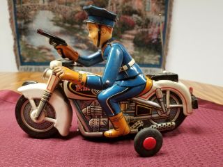 Vintage Nomura Police Patrol Motorcycle Battery Operated Tin Toy From 50s