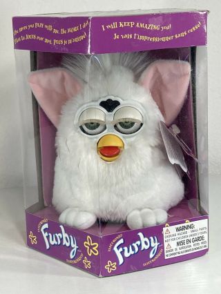 (not Tested/factory) 1998 Furby White W Pink Ears Green Eyes