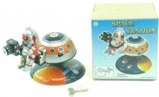 Vintage Space Station Mars 10 Winding Tin Toy.