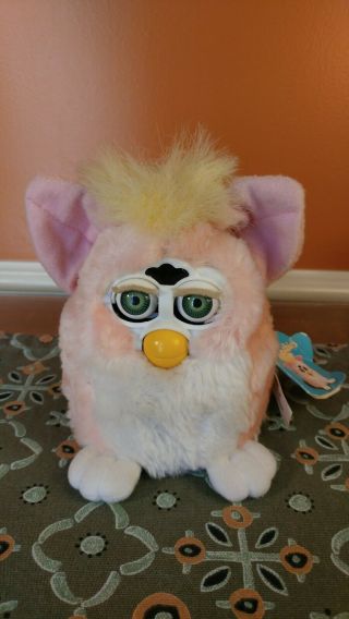 Vintage Furby Babies Baby 1999 Pink Yellow White Tiger Tag