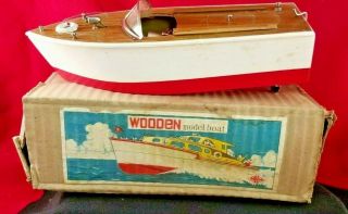 Vintage Wood Toy Speed Boat Model Battery Operated Runabout Speedboat