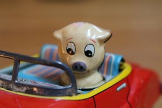 Pig Driving Mercedes Benz Convertible Car Tin Friction Toy