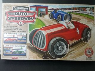 Schylling Auto Speedway W/ Wind - Up Racing Cars And " Magic " Pit Stop Garage