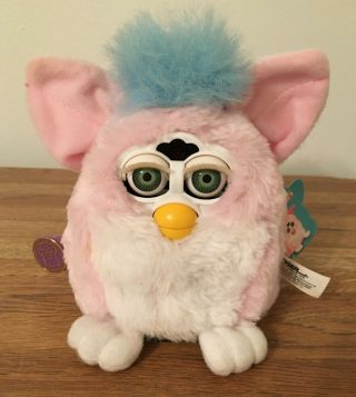 Furby Baby 1999 W/ Tags Pink & White,  Blue Hair And Green Eyes Not