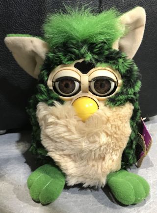 1999 Tiger Electronics Furby Black,  Tan & Green With Tag Brown Eyes Great