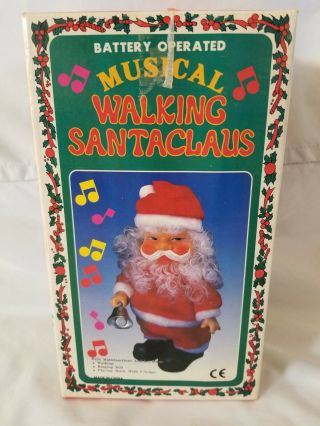 Vintage Battery Operated Musical Walking Santa Claus W/bell Box 3 Songs