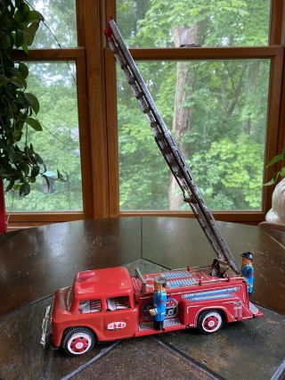 Vintage 1960 Sti Tin Litho Friction Toy Fire Truck With Ladder