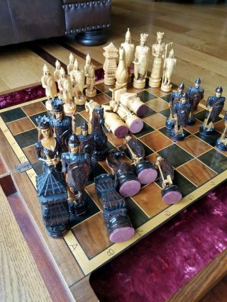 Vintage Hand Carved Xl Extra Large Wood Chess Set Inlay Great Detail King 6.  5 "